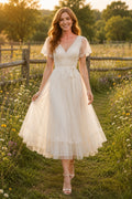 Ivory Flutter Sleeve V Neck Bodice with Soft Tulle Skirt Tea Length A-Line Wedding Dress front view