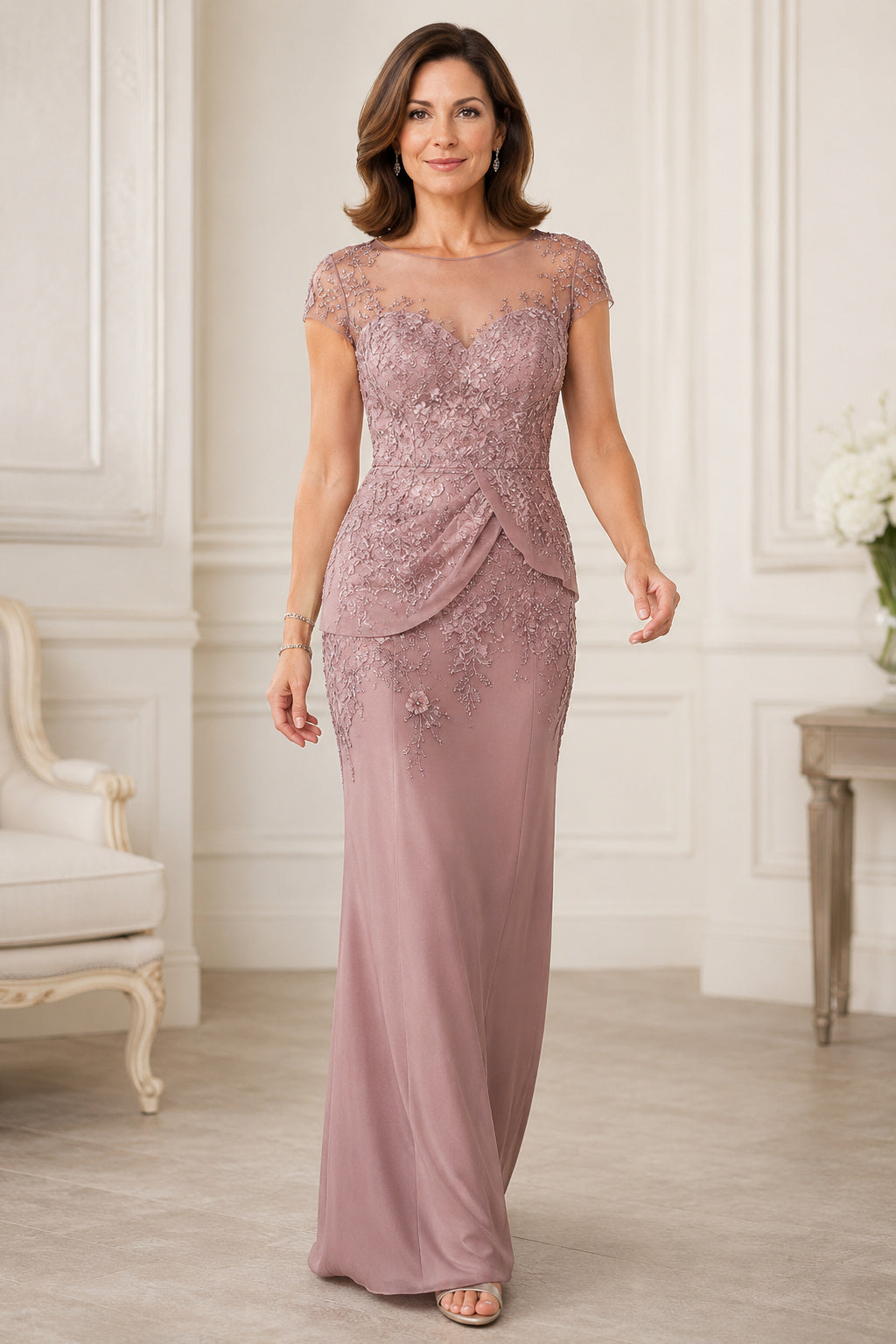 Dusty Rose Cap Sleeve Lace Sheath Mother Dress with Bateau Neck and Side Drape front view