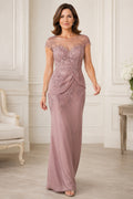 Dusty Rose Cap Sleeve Lace Sheath Mother Dress with Bateau Neck and Side Drape front view