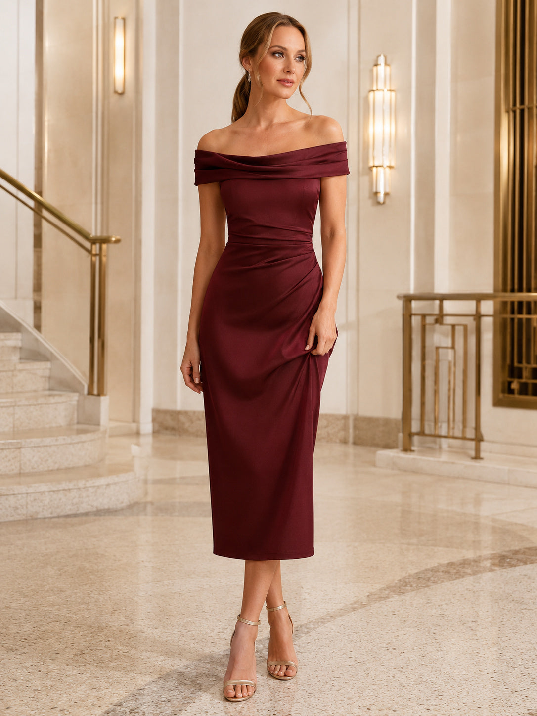 Burgundy Off Shoulder Ruched Pencil Midi Cocktail Dress front view
