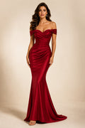 Red Off Shoulder Satin Mermaid Formal Dress front view