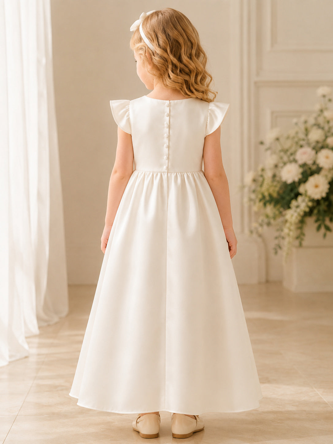 Flutter Sleeve Satin A-Line Flower Girl Dress with Jewel Neck and Pleated Skirt back view