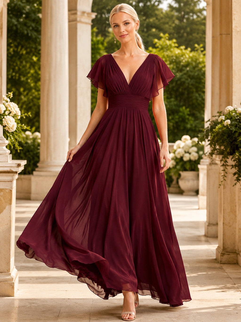 Burgundy V Neck Chiffon Flutter Sleeve Evening Dress front view