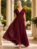 Burgundy V Neck Chiffon Flutter Sleeve Evening Dress front view