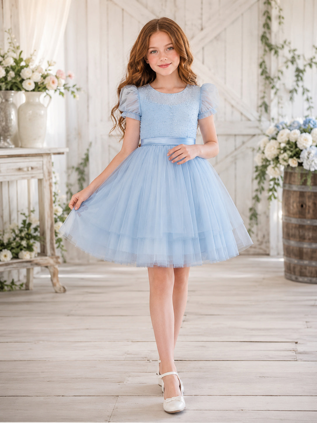 Sky Blue Puff Sleeve Tulle A-Line Knee-Length Textured Flower Girl Garden Dress front view