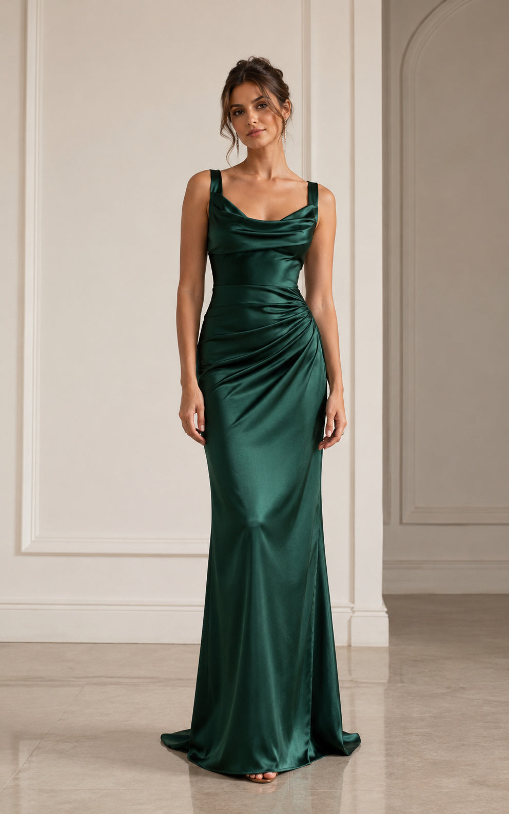 Dark Green Satin Formal Dress with Cowl Neck Open Back Ruched Sheath Gown front view
