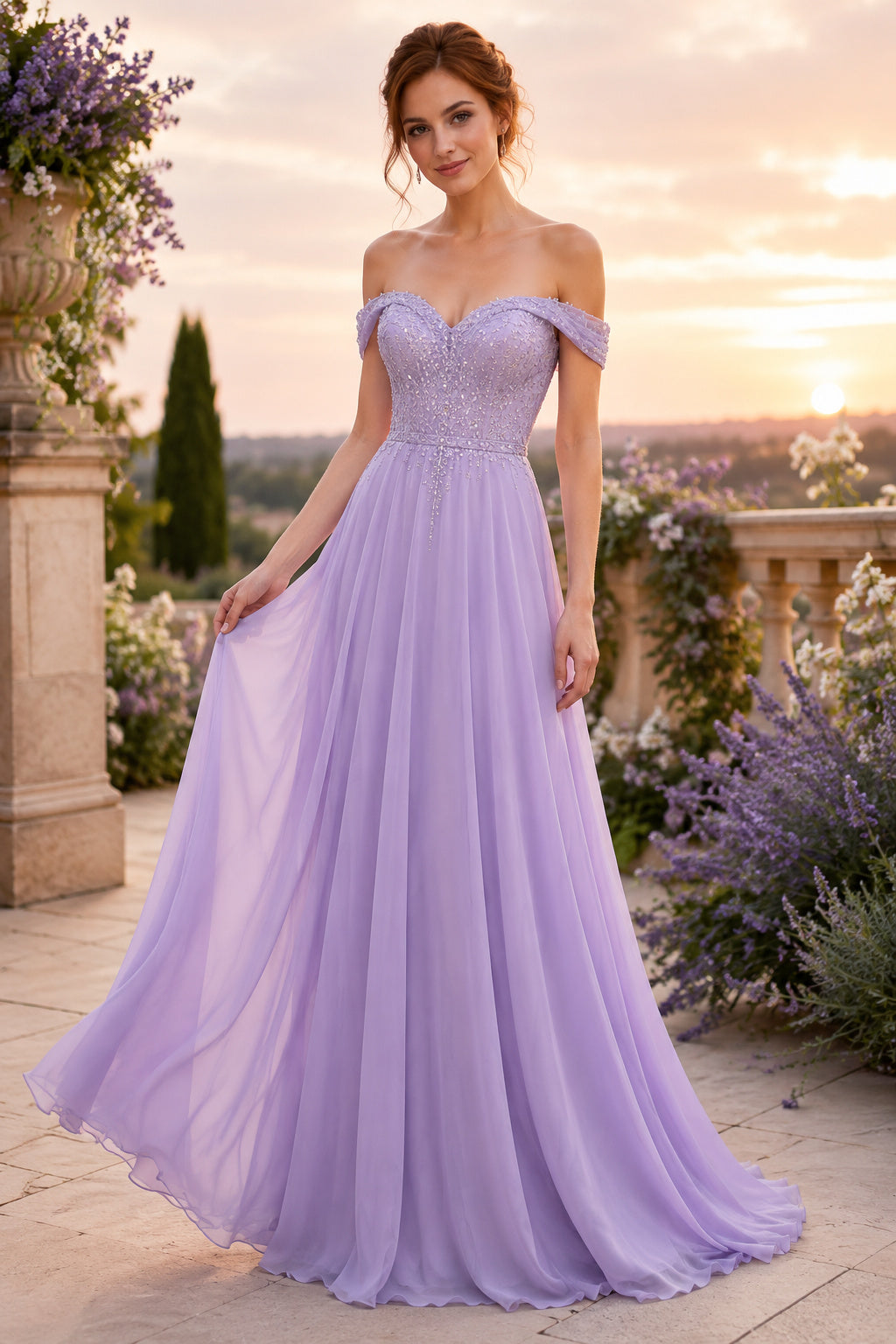 Lavender Off-the-Shoulder Chiffon A-Line Bridesmaid Dress with Floor Skirt front view