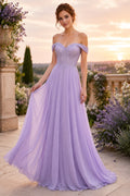 Lavender Off-the-Shoulder Chiffon A-Line Bridesmaid Dress with Floor Skirt front view