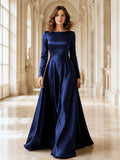 Midnight Blue Long Sleeve Satin A Line Formal Gown front view