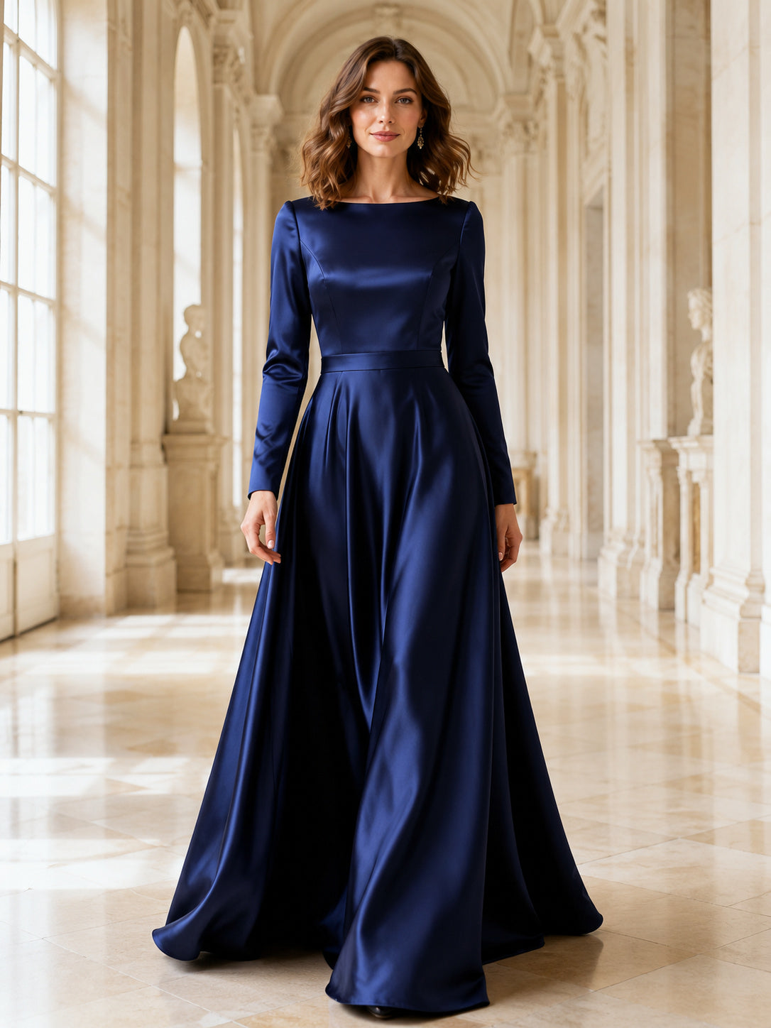 Midnight Blue Long Sleeve Satin A Line Formal Gown front view