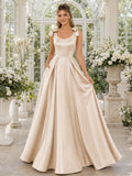 Champagne Simple Scoop Bow Straps Satin Pockets Romantic Sweet Sixteen Formal Ball Gown front view