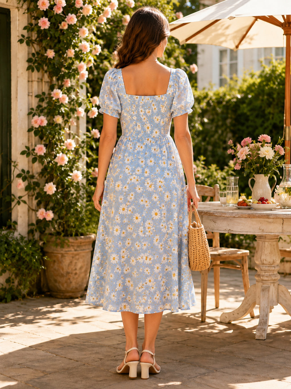 Blue Floral Square Neck Puff Sleeve Tea Length Sundress back view