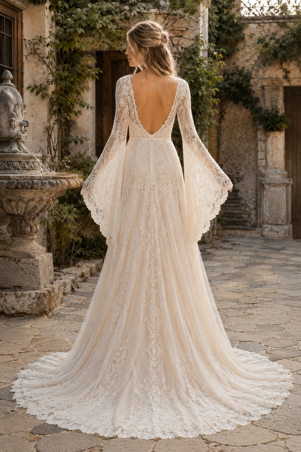Ivory Long Bell Sleeve V-Neck Lace A-Line Wedding Dress Chapel Train for Wedding Ceremony and Reception back view