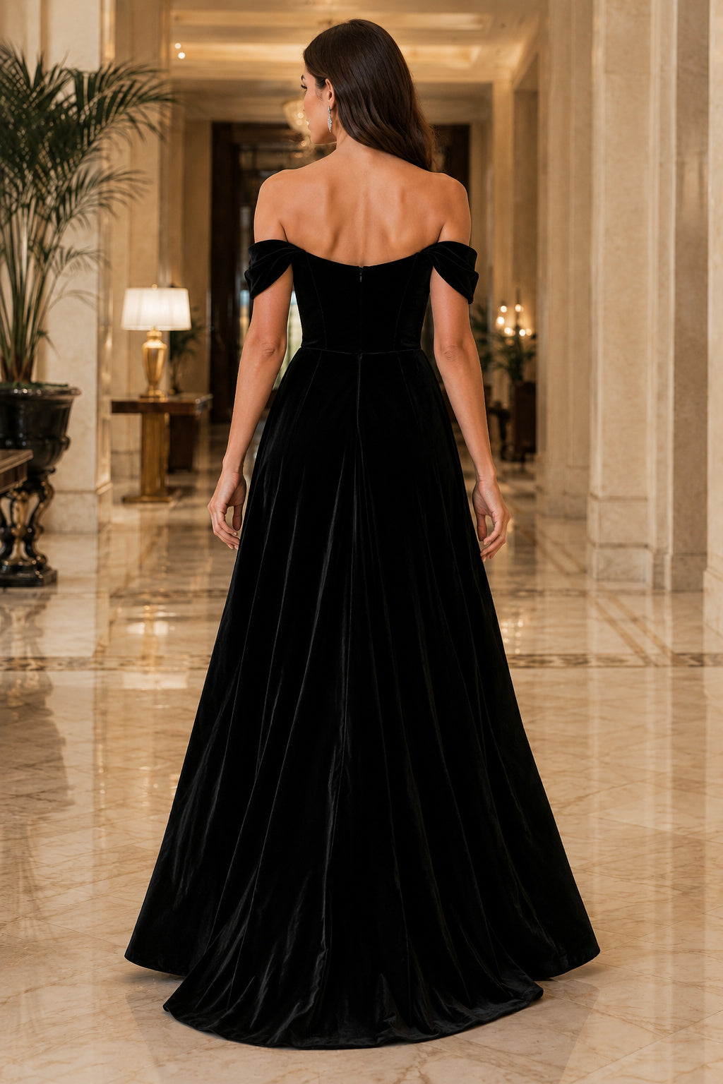 Black Off The Shoulder Velvet A Line Evening Gown With Front Slit And Sweep Train Evening Dress back view