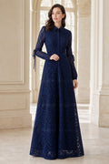 Navy High-Neck Long Sleeve A-Line Lace Floor-Length Dress With Covered Back