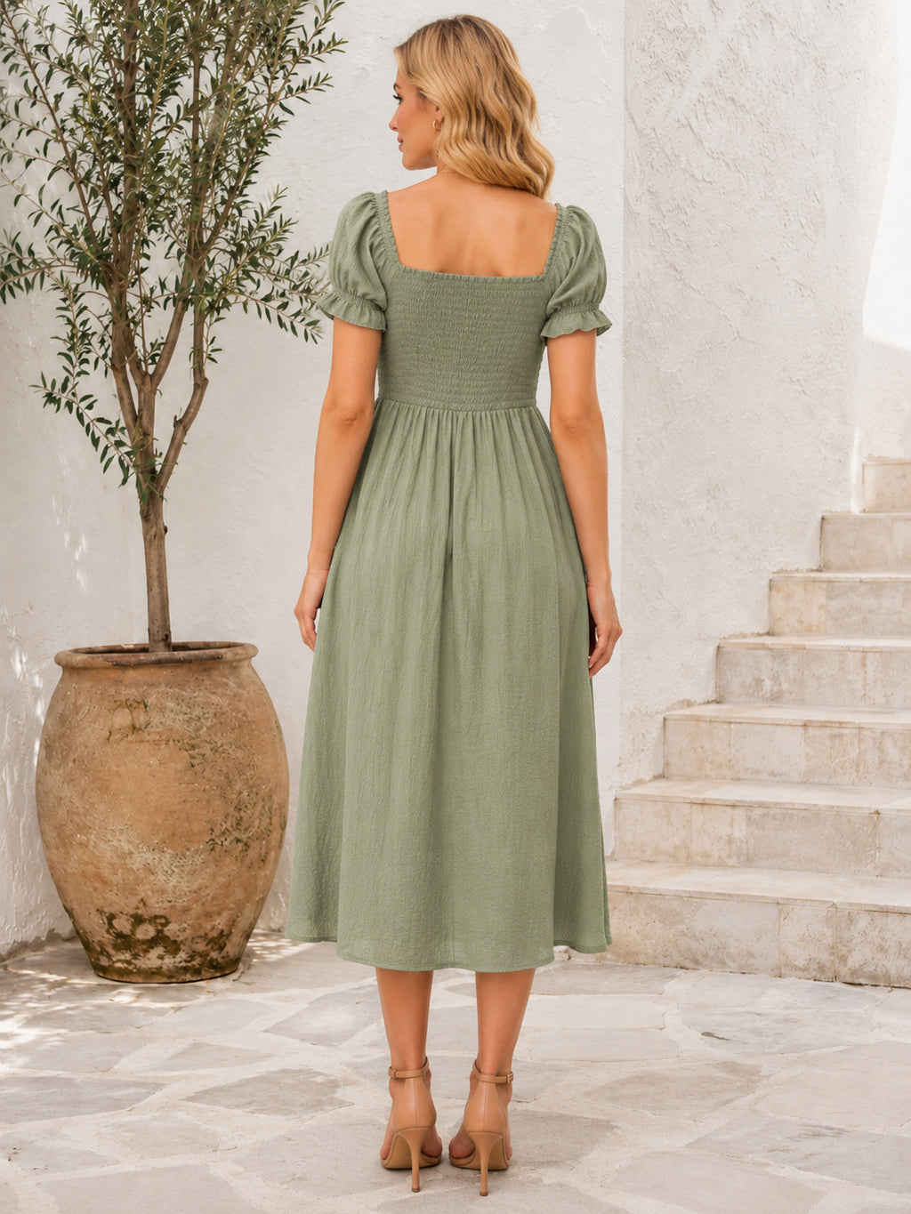 Sage square neck puff sleeve smocked midi guest dress back view