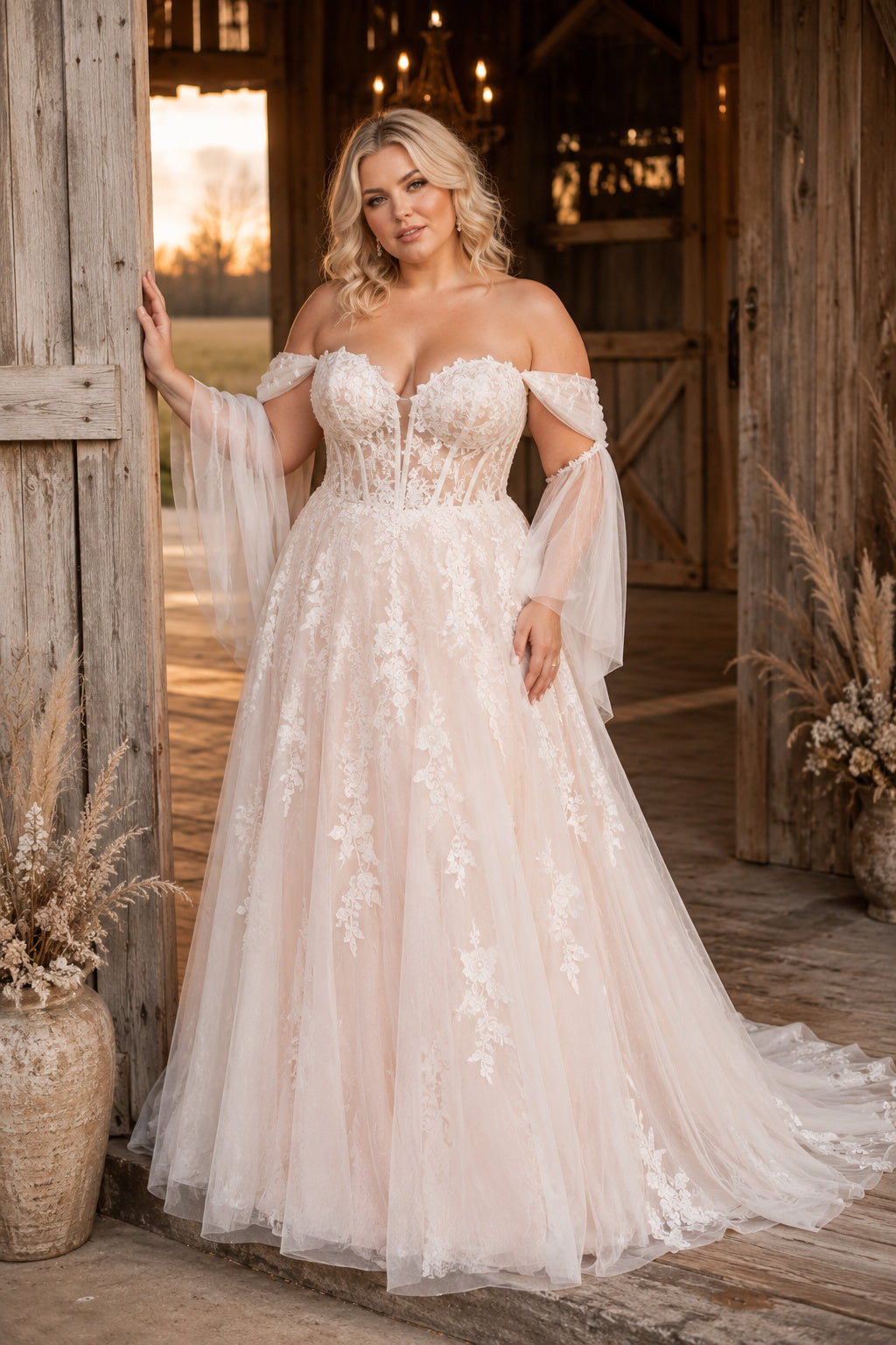 Plus Size Blushing Pink Off-the-Shoulder Sweetheart Puff Sleeve Lace Tulle A-Line Wedding Dress with Blush Lace Appliques and