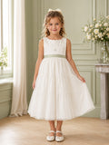 Ivory Satin A-Line Flower Girl Dress with Sleeveless, jewel Neckline, and Tea length Skirt with Bow Accents front view