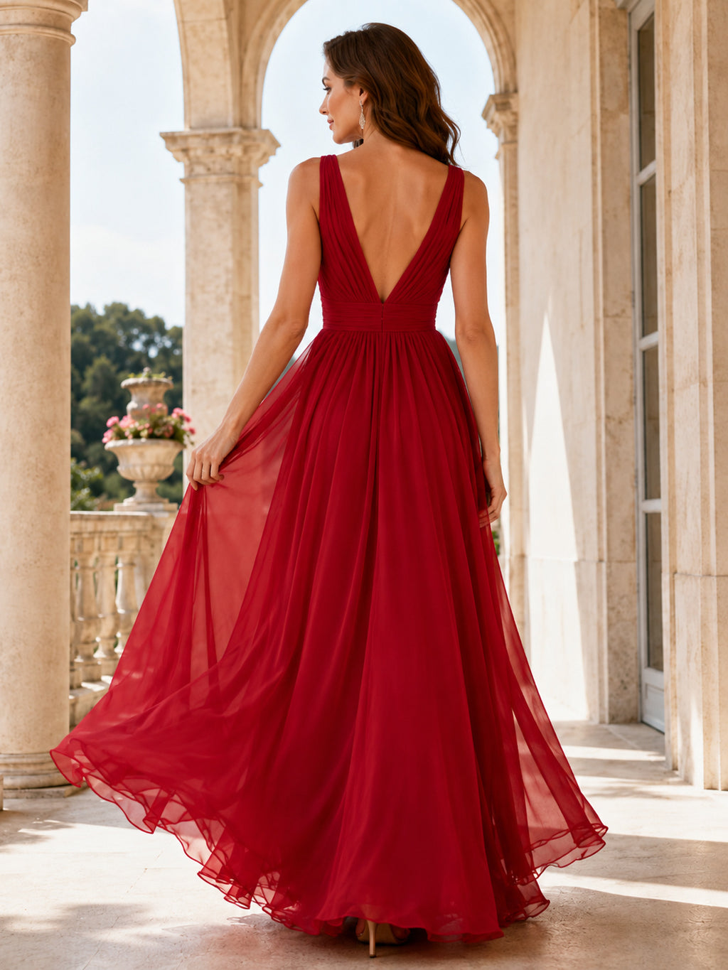 Red Deep V Chiffon A Line Evening Dress back view