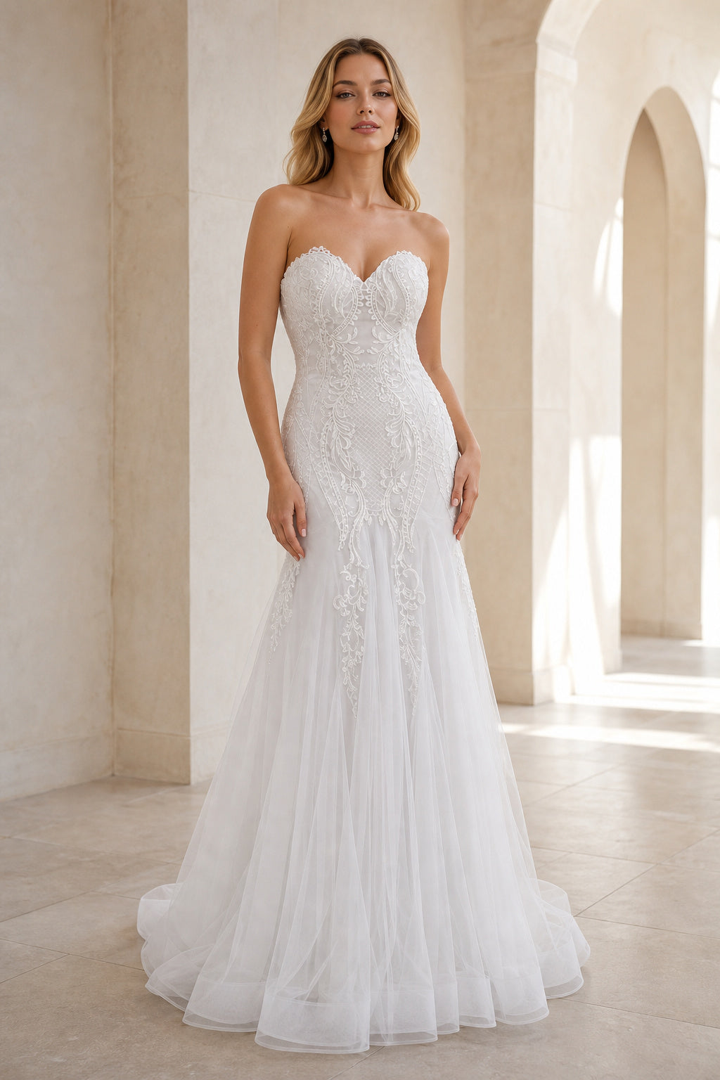 White Halter Mermaid Crepe, Lace Floor-length Wedding Dress With Lace and Beaded Waist and Open Back Lace Hem Detail