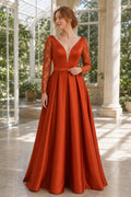 Rust V-neck Long Sleeve A-Line Satin Floor-Length Dress With Pleated Skirt