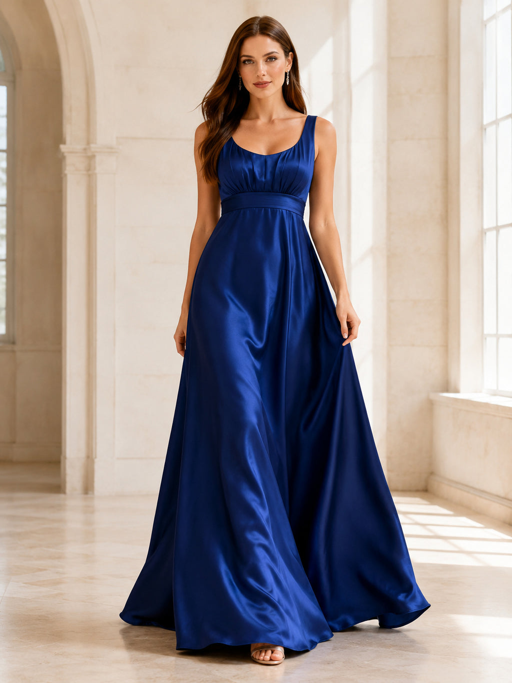Royal Blue Scoop Neck Satin Empire Gown front view
