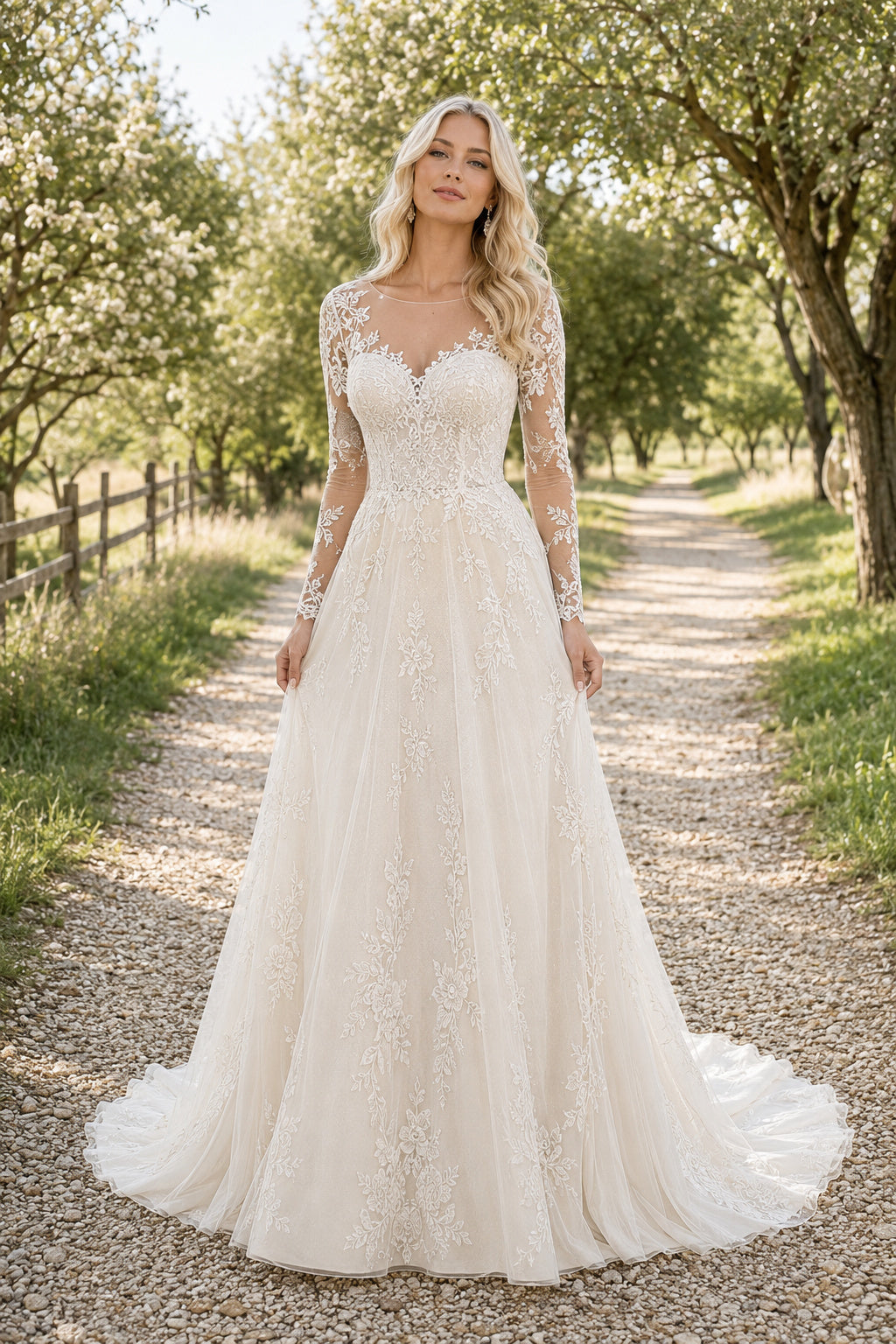 Long Sleeve Lace A-Line Wedding Dress with Sweetheart Bodice and Sweep Train for Rustic Garden Ceremony front view