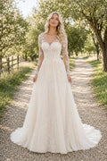 Long Sleeve Lace A-Line Wedding Dress with Sweetheart Bodice and Sweep Train for Rustic Garden Ceremony front view