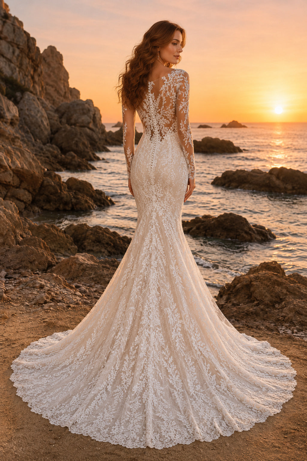 Ivory Long Sleeve Lace Mermaid Wedding Dress Chapel Train for Bridal Ceremony and Reception back view