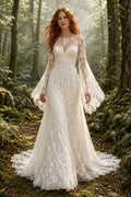 Ivory Bell Sleeve Mermaid Lace Wedding Dress with Illusion Bodice and Train front view