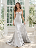 Silver Gray Cowl Neck Spaghetti Satin Mermaid Modern Wedding Gown front view