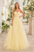 Daffodil Strapless Yellow Tulle A Line Gown with Soft Full Skirt Floor Length A Line Prom Dress front view