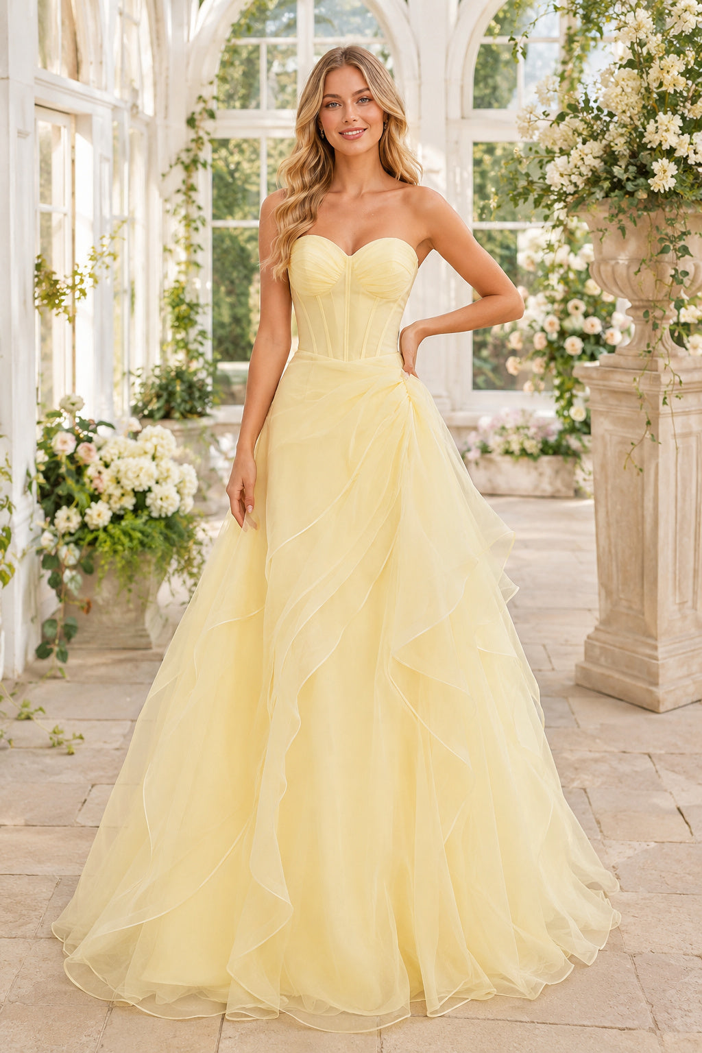 Daffodil Strapless Yellow Tulle A Line Gown with Soft Full Skirt Floor Length A Line Prom Dress front view