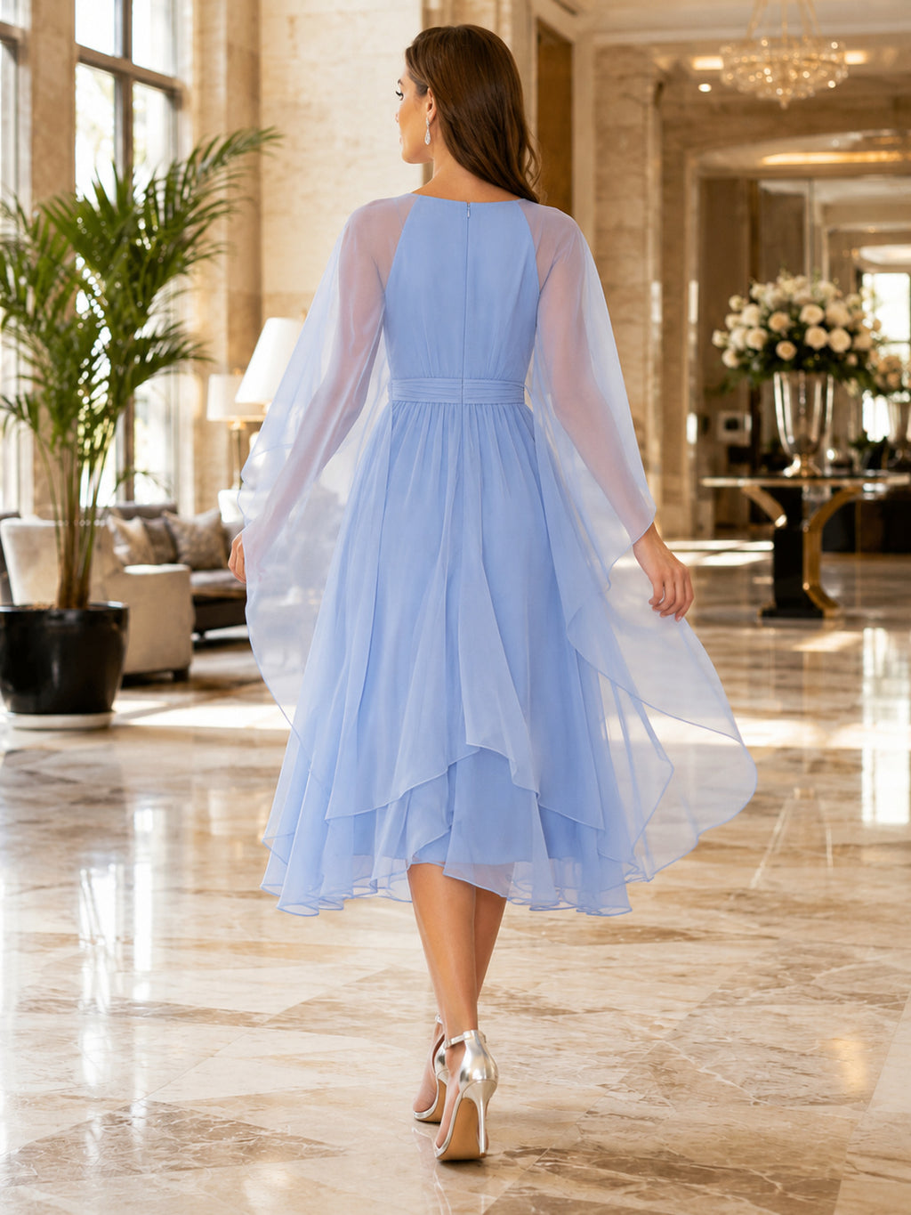 Sky Blue V-neck Organza Overlay Midi Dress back view