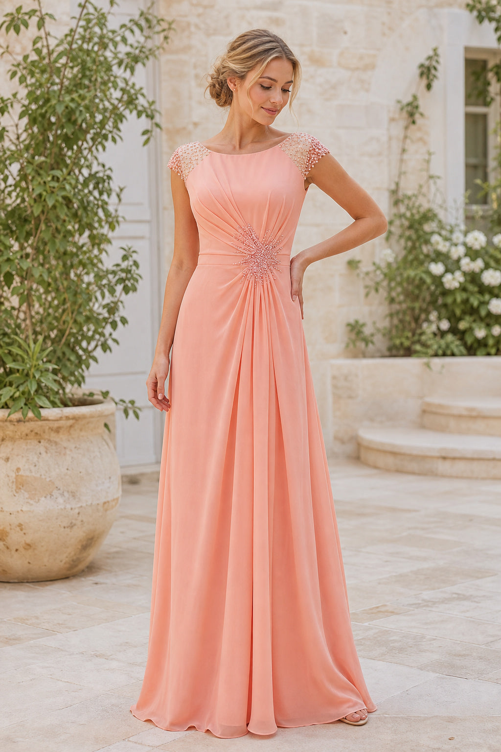 Coral Bateau Sleeveless A-Line Chiffon Floor-Length Dress With Keyhole Back