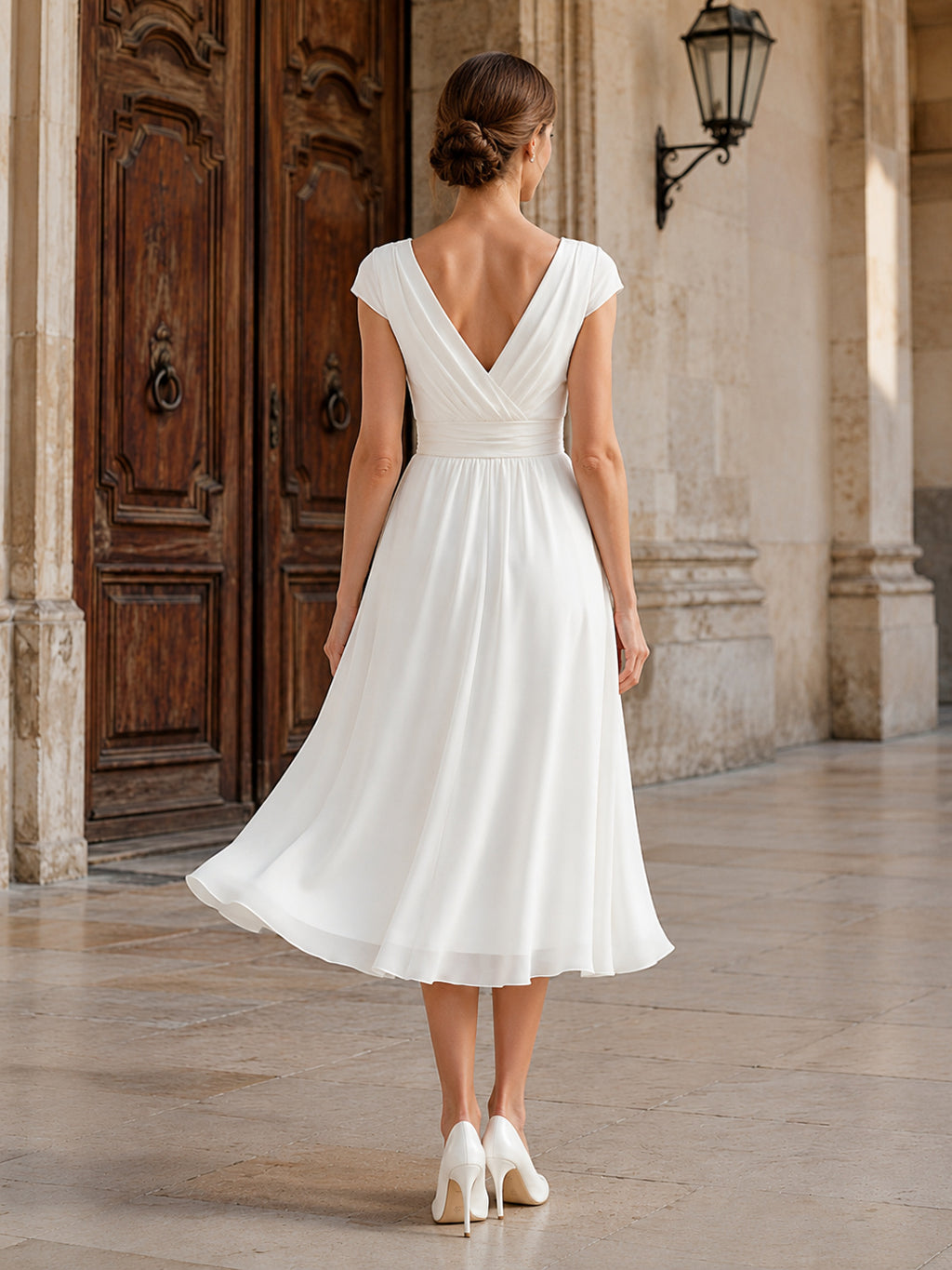Civil V-Neck Cap Sleeve Chiffon A-Line Midi Wedding Dress back view