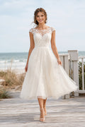 Ivory Bateau Cap Sleeve Applique Tea Length Wedding Dress for Wedding Reception and Party Style MG_701006 front view