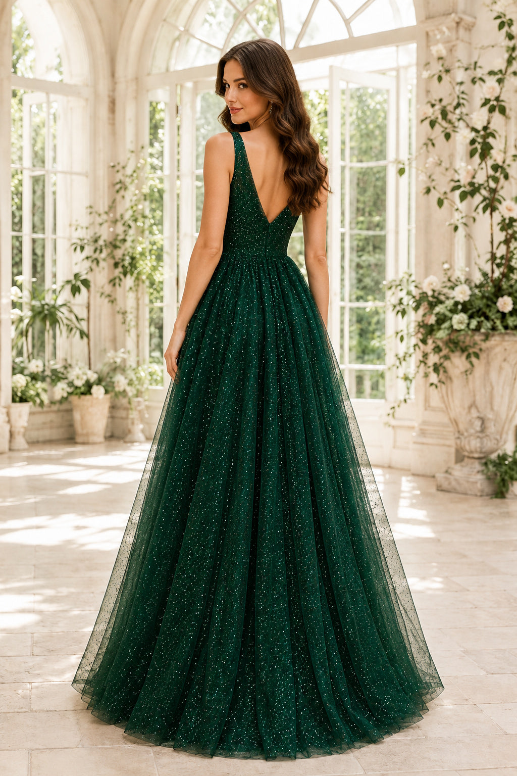 Plus Size Dark Green V-Neck Glitter Tulle A-Line Formal Gown with Low Back for Prom back view