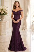 Plum Off the Shoulder Mermaid Mother Dress with Lace Overlay and Sweep Train for Evening Reception front view