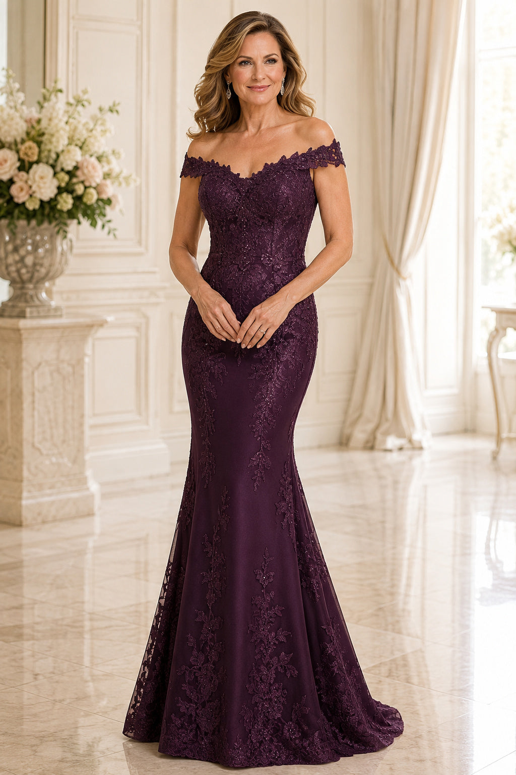 Plum Off the Shoulder Mermaid Mother Dress with Lace Overlay and Sweep Train for Evening Reception front view