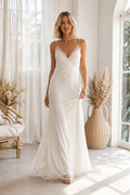 Sweetheart Ruched Satin Sheath Wedding Dress with Spaghetti Straps and Low Back for Beach Garden Ceremony front view
