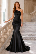 Black One-Shoulder Satin Mermaid Evening Dress with Ruched Waist and Sweep Train front view