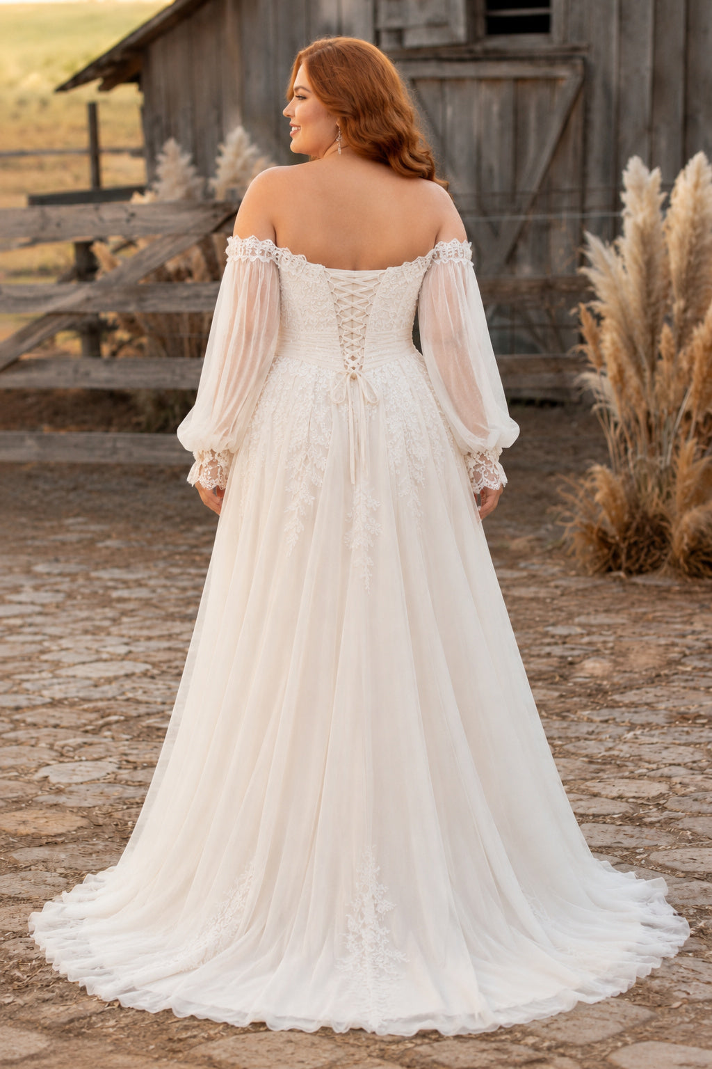Plus Size Ivory Off-the-Shoulder Sweetheart Poet Sleeve Lace Tulle A-Line Wedding Dress with Poet Sleeves and Corset Back bac
