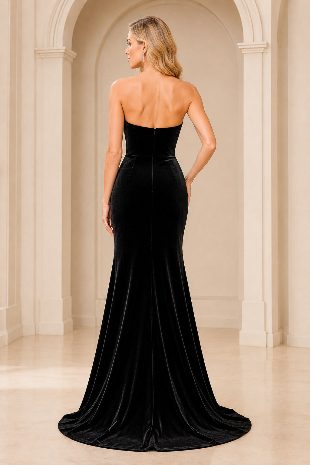 Black Strapless Sweetheart Velvet Mermaid Evening Gown With High Slit And Sweep Train Evening Dress back view