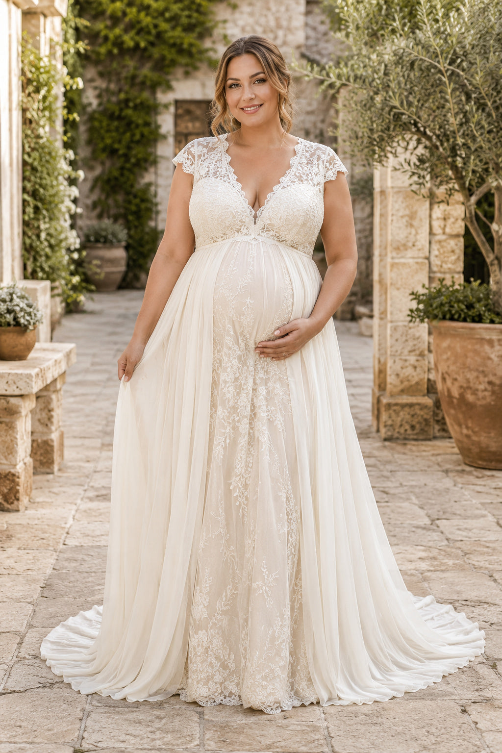 Ivory Plus Size Maternity V-Neck Cap Sleeve Lace A-Line Wedding Dress with Train front view