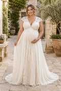 Ivory Plus Size Maternity V-Neck Cap Sleeve Lace A-Line Wedding Dress with Train front view