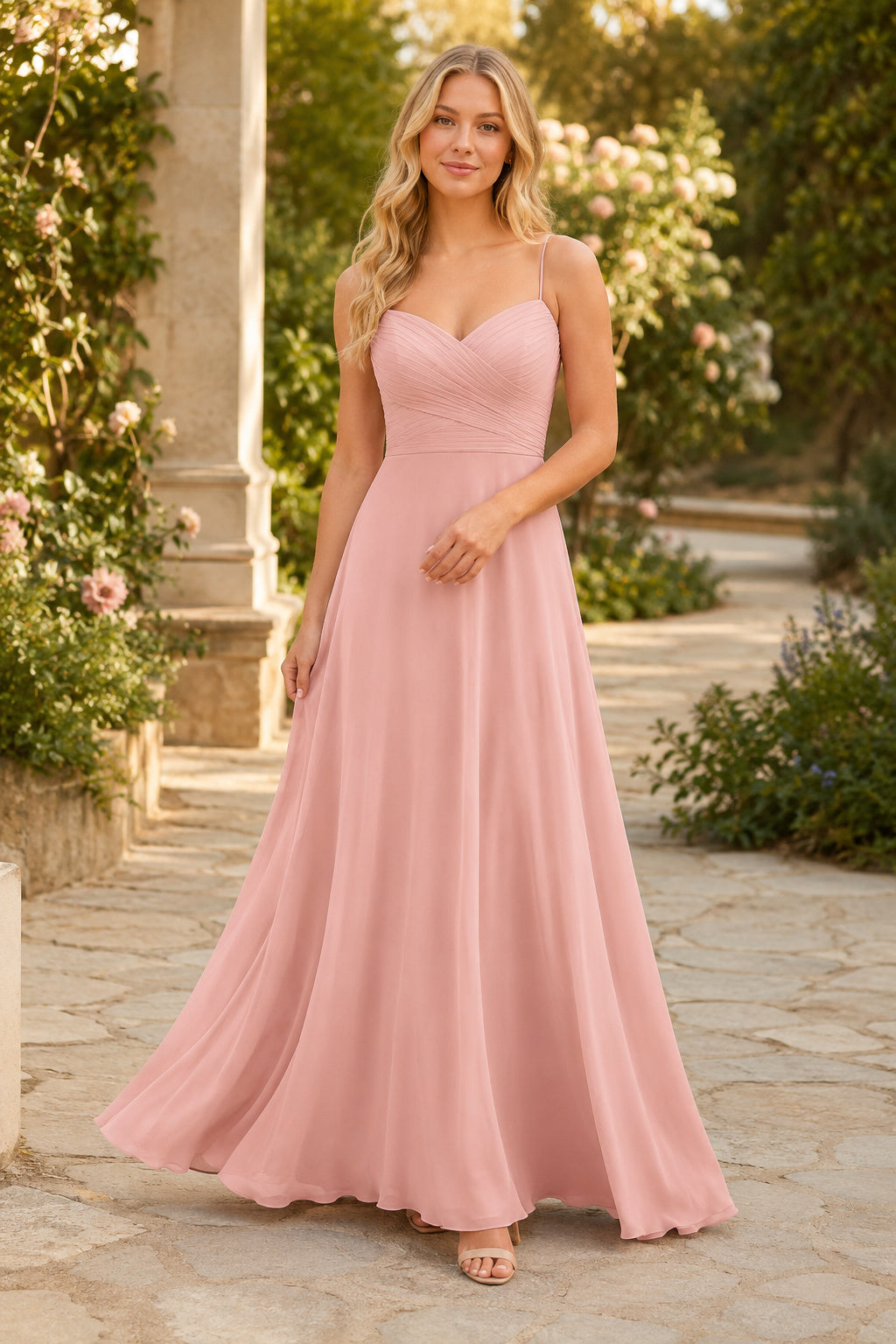 Blushing Pink Spaghetti Chiffon A-Line Bridesmaid Dress with Sweetheart Neck and Pleated Bodice front view