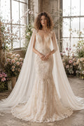 Champagne V-Neck Lace Mermaid Wedding Dress with Cape Sleeves front view