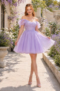 Lavender Off The Shoulder Puff Sleeve Lace Tulle Short A Line Homecoming Dress Homecoming Dress front view