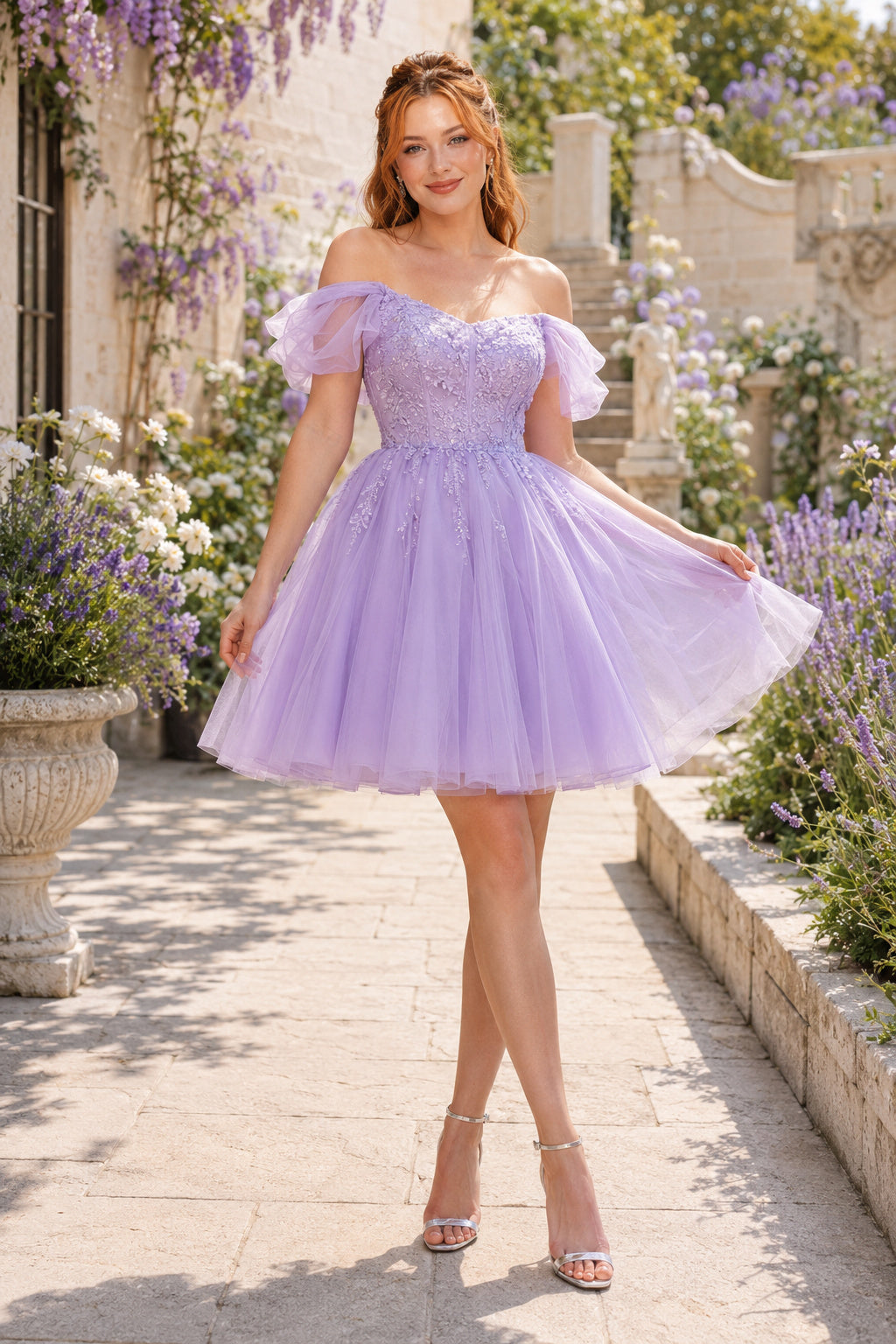 Lavender Off The Shoulder Puff Sleeve Lace Tulle Short A Line Homecoming Dress Homecoming Dress front view